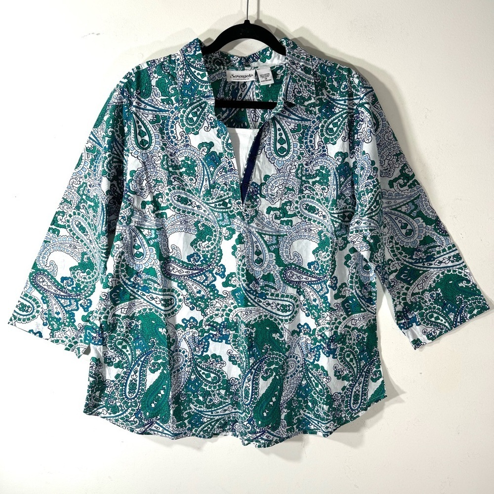 Serengeti Green Paisley Cotton Popover Blouse Sz 1X 2/$35